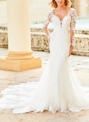 Elegant Lace/Tulle Wedding Dresses with Long Sleeves and V-Neck