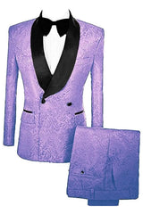 Lavender Double-Breasted Jacquard Wedding Suit with Velvet Lapel