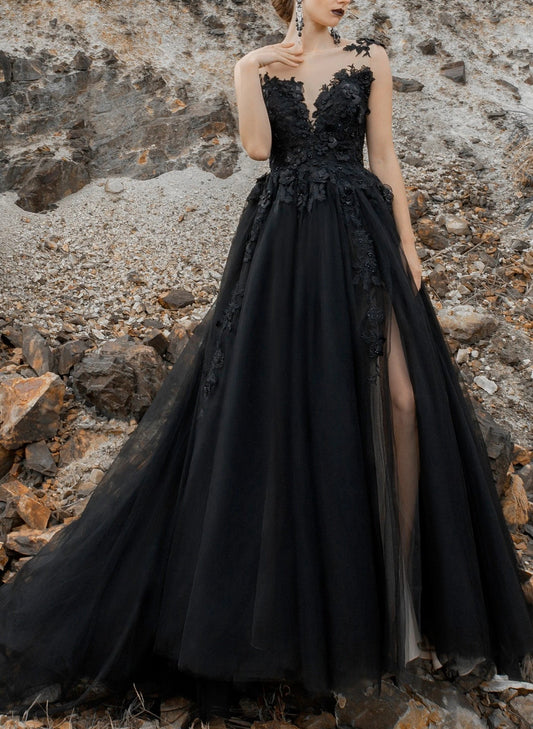 3D Floral Black Ball-Gown Wedding Dresses