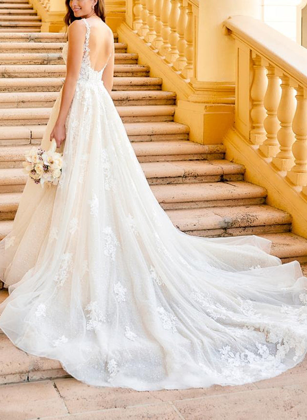 V-neck Ball-Gown Wedding Dresses with Sexy Open Back in Lace/Tulle