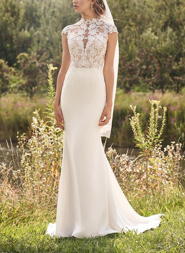 High Neck Lace/Elastic Satin Trumpet/Mermaid Wedding Dresses