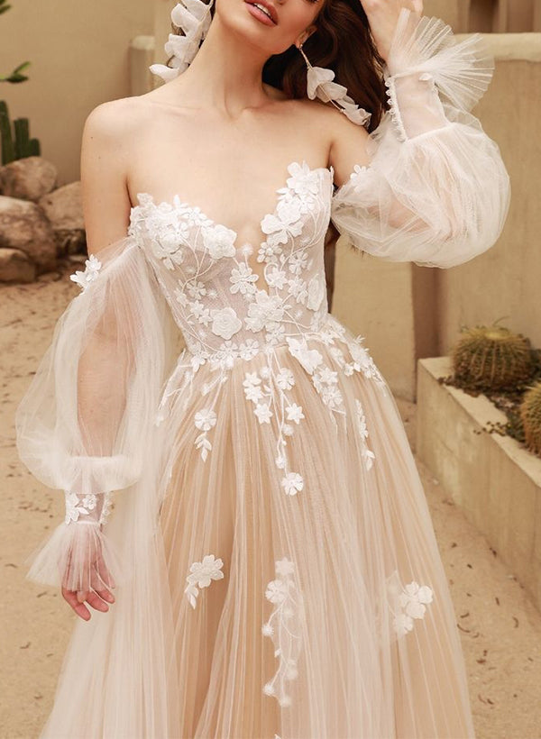 Off-the-Shoulder Lace/Tulle Wedding Dresses With Detachable Sleeve