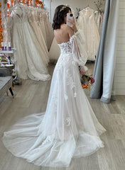 Sweetheart A-Line Wedding Dresses with Long Sleeves Sweep Train Tulle Fabric and Appliques Lace