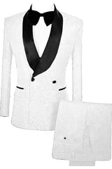 Maurice Simple White Double Breasted Jacquard Wedding Suit with Velvet Lapel