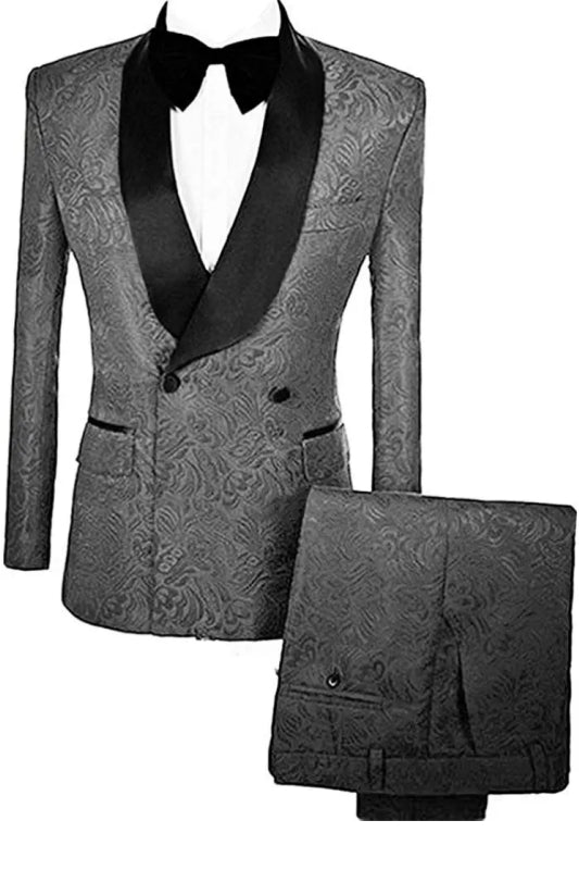 Marcus Simple Gray Double Breasted Jacquard Wedding Suit with Velvet Lapel