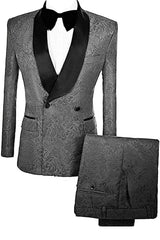 Marcus Simple Gray Double Breasted Jacquard Wedding Suit with Velvet Lapel