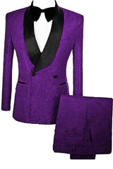 Martin Chic Purple Double Breasted Jacquard Wedding Suit with Velvet Lapel