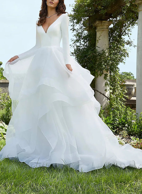 V-Neck Ball-Gown Wedding Dresses with Long Sleeves and Cascading Ruffles in Satin/Organza