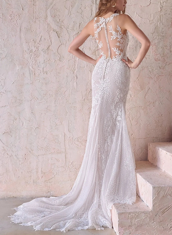 Elegant Lace/Tulle Wedding Dresses with Trumpet/Mermaid Illusion Neck