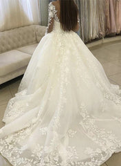 Lace Wedding Dresses: Ball-Gown Style with V-neck Long Sleeves Court Train and Appliques