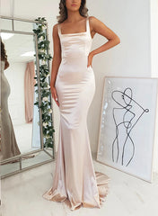 Satin Mermaid Bridesmaid Dress with Square Neckline Sleeveless and Sweep Train