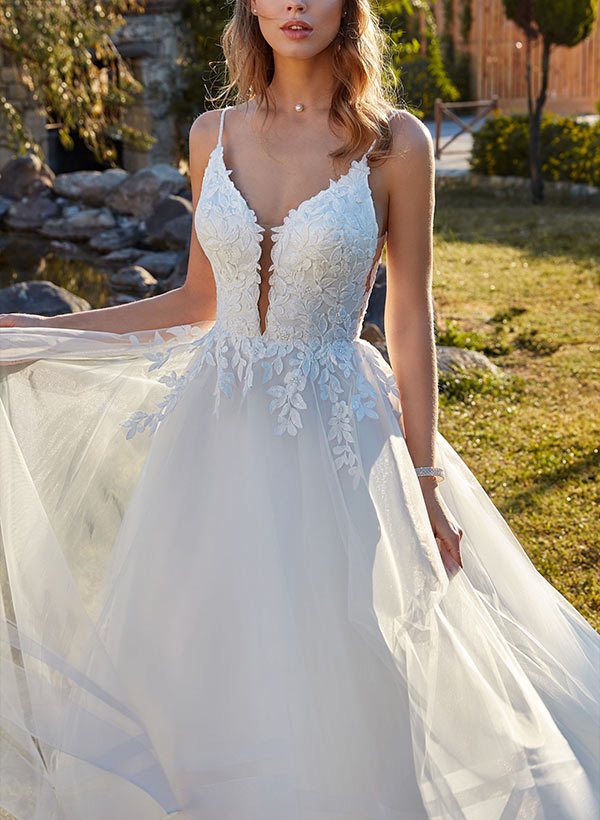 Sweetheart Sleeveless Sweep Train Tulle Wedding Dresses With Lace