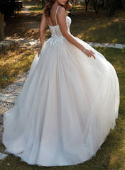 Sleeveless Sweep Train Tulle Wedding Dresses With Appliques Lace