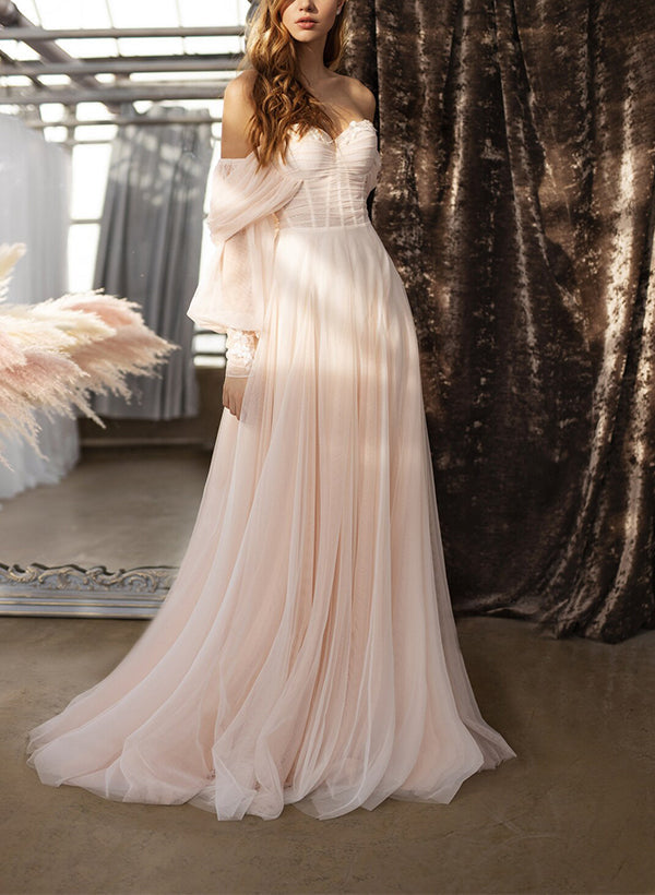 Boho A-Line Sweetheart 3/4 Sleeves Sweep Train Tulle Bridal Gowns