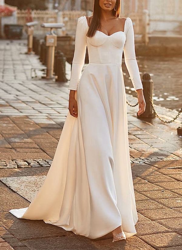 Elegant Satin Wedding Dresses with A-Line Sweetheart and Long Sleeves