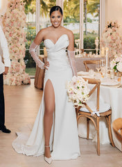 Satin Wedding Dresses With Split Front Sheath Sleeveless Sweep Train