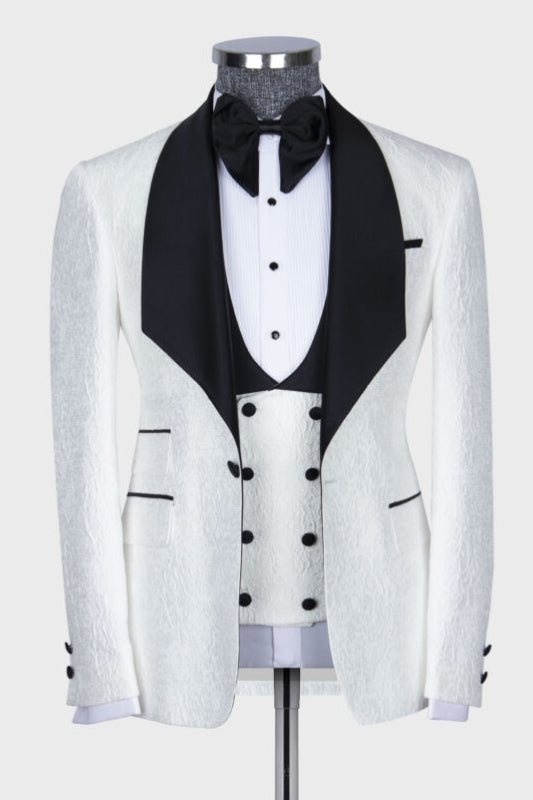 Thomas Bespoke White Jacquard 3-Piece Wedding Suit with Black Shawl Lapel