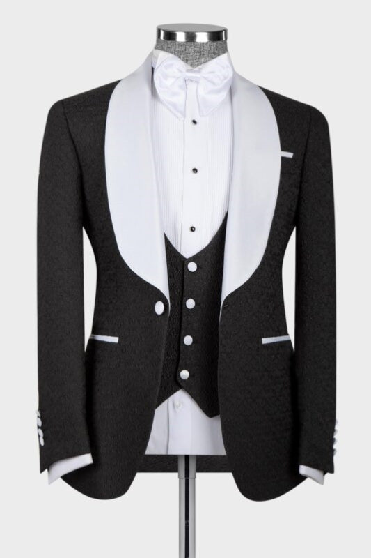 Theodore Classic Black 3-Piece Wedding Suit with White Shawl Lapel