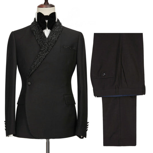 Troy Bespoke Black 2-Piece Wedding Suit with Sequins Shawl Lapel