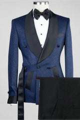 Truman Navy Blue Jacquard Double-Breasted Shawl Lapel Wedding Suit