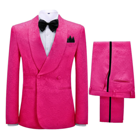 Victor Hot Pink Jacquard Double-Breasted Shawl Lapel Wedding Suit