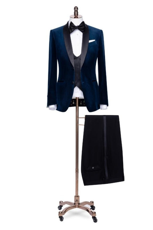 Archibald Fancy Navy Blue Shawl Lapel 3-Piece Velvet Wedding Suit