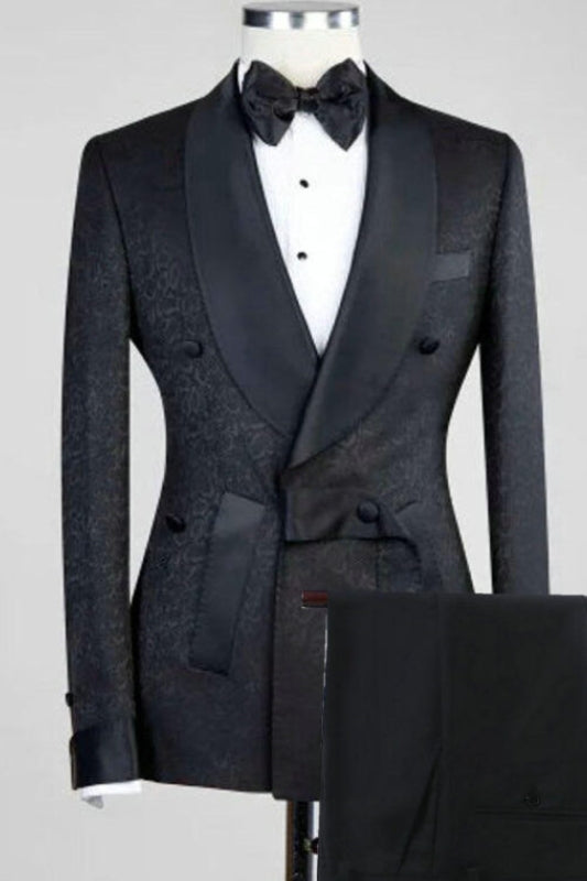 Tyler Black Jacquard Double-Breasted Shawl Lapel Wedding Suit