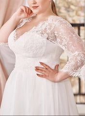 A-Line Wedding Dresses with Curve Lace Plunge Sleeves