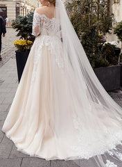 Off-The-Shoulder Long Sleeves Ball Gown Wedding Dresses With Boho Lace/Tulle