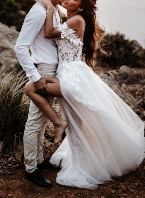 Off-The-Shoulder Slit Boho Lace Wedding Dresses