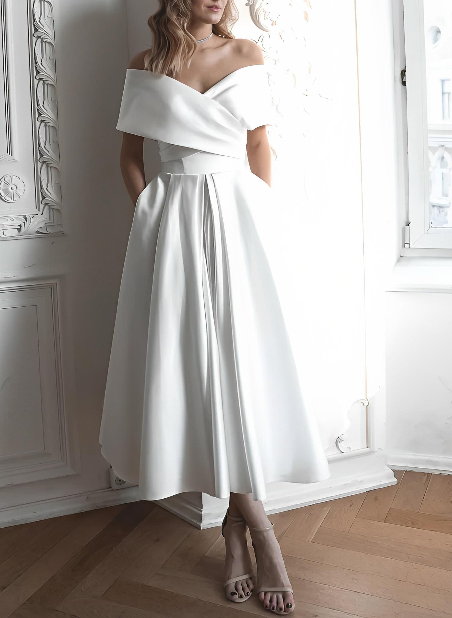 Off-The-Shoulder Sleeveless Satin Tea-Length Wedding Dress