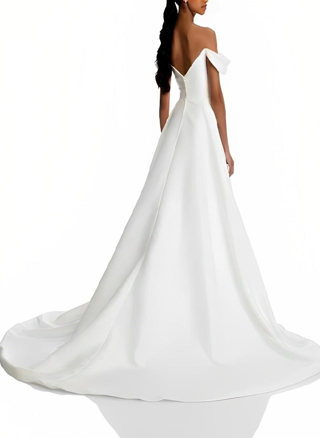 Off The Shoulder Court Train Wedding Dress With Split Front