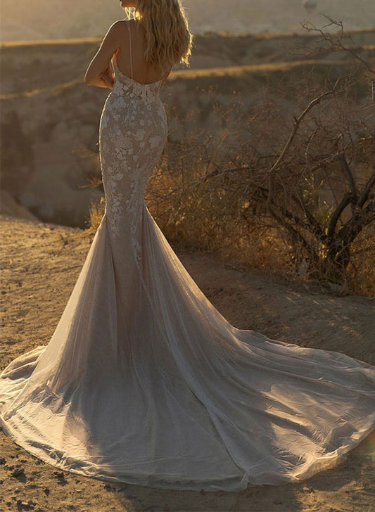 Illusion Neck Tulle Wedding Dresses With Appliques Lace