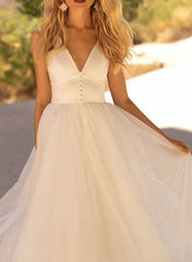 Elegant Satin/Tulle Wedding Dresses with A-Line V-Neck and Sleeveless Design Court Train