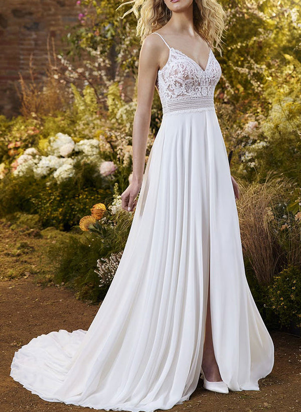 A-Line V-Neck Tulle Wedding Dresses With Split Front/Appliques Lace