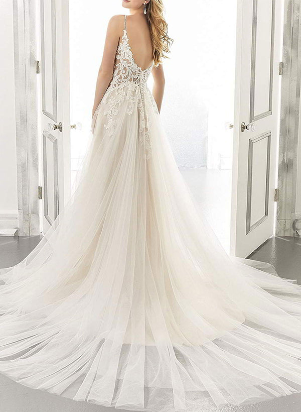 Boho A-Line Sweetheart Sleeveless Tulle Wedding Dresses With Appliques Lace