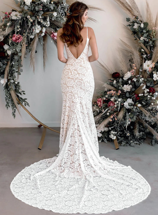 Boho Lace Open Back Mermaid Wedding Dresses With Court Train