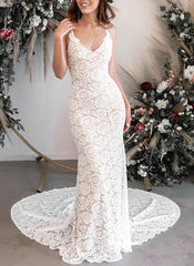 Boho Lace Open Back Mermaid Wedding Dresses With Court Train