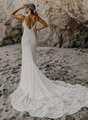 Boho Lace Open Back Mermaid Wedding Dresses With Court Train