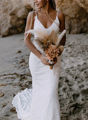 Boho Lace Open Back Mermaid Wedding Dresses With Court Train