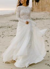 Boho Lace Tulle A-Line Wedding Dresses Long Sleeves