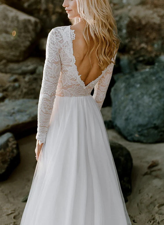 Boho Lace Tulle A-Line Wedding Dresses Long Sleeves