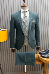 Bartley Ocean Blue Peaked Lapel 3-Piece Prom Suit with Jacquard Vest