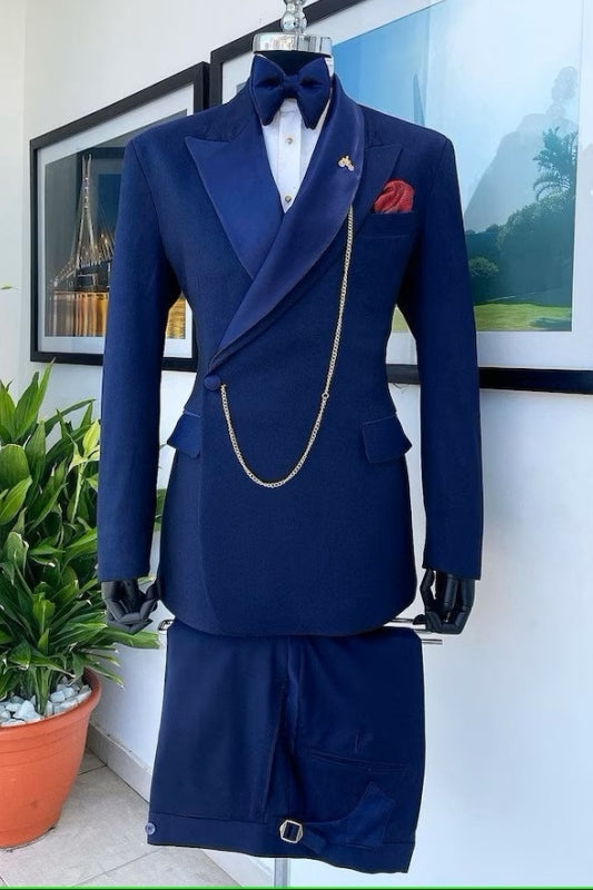 Benedict Dark Blue Peaked Lapel 2-Piece Stylish Prom Suit