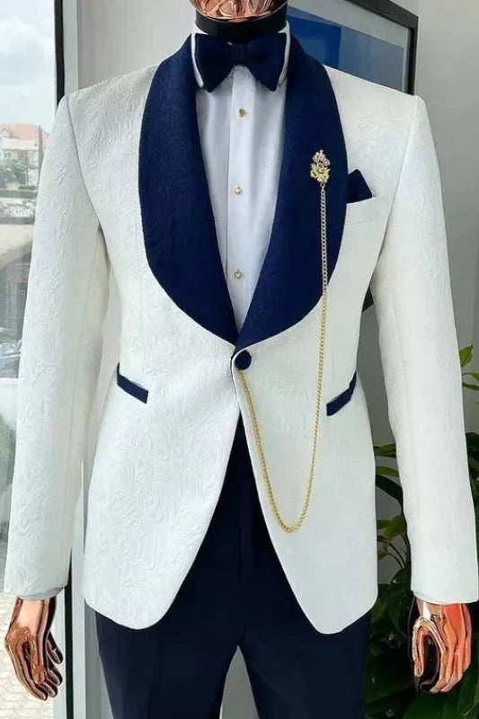 Benson Chic White Jacquard Wedding Suit with Navy Blue Shawl Lapel