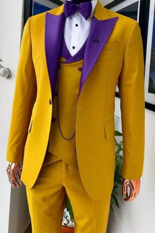 Berger Special Gold 3-Piece Prom Suit with Purple Lapel