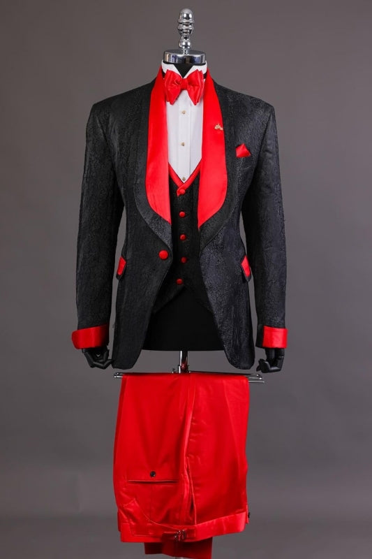 Bryant Chic Black Jacquard 3-Piece Wedding Suit with Red Lapel