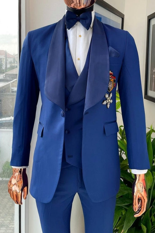 Boris Fancy Blue 3-Piece Wedding Suit with Navy Blue Shawl Lapel