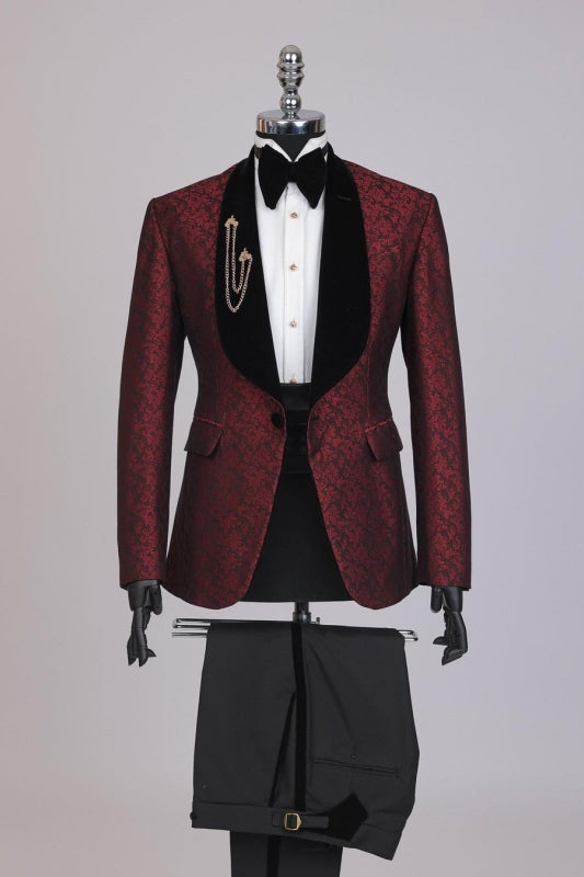 Byron Glamorous Dark Red Jacquard Wedding Suit with Black Shawl Lapel