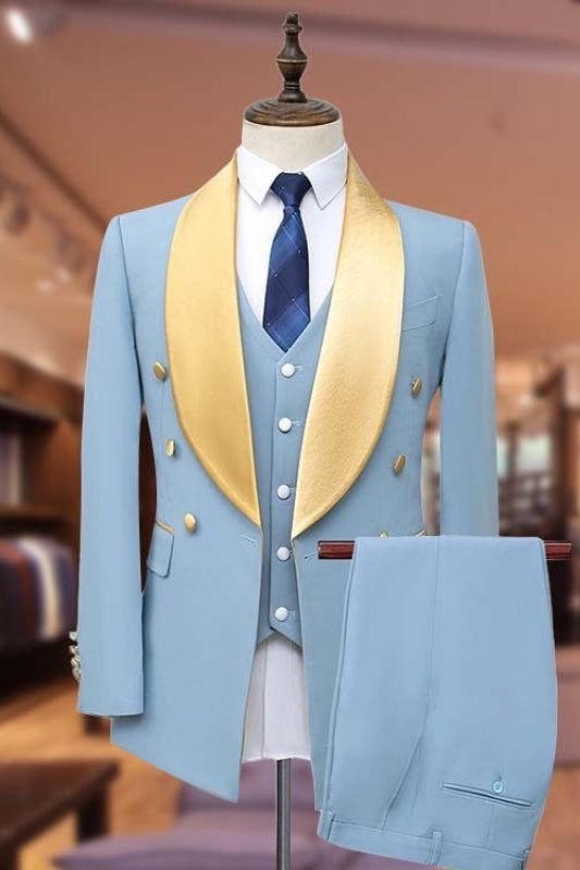 Charles 3-Piece Light Blue Bespoke Wedding Suit with Satin Lapel